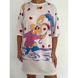 90s vintage bunny hearts graphic novelty kidcore cotton sleep shirt pajama dress